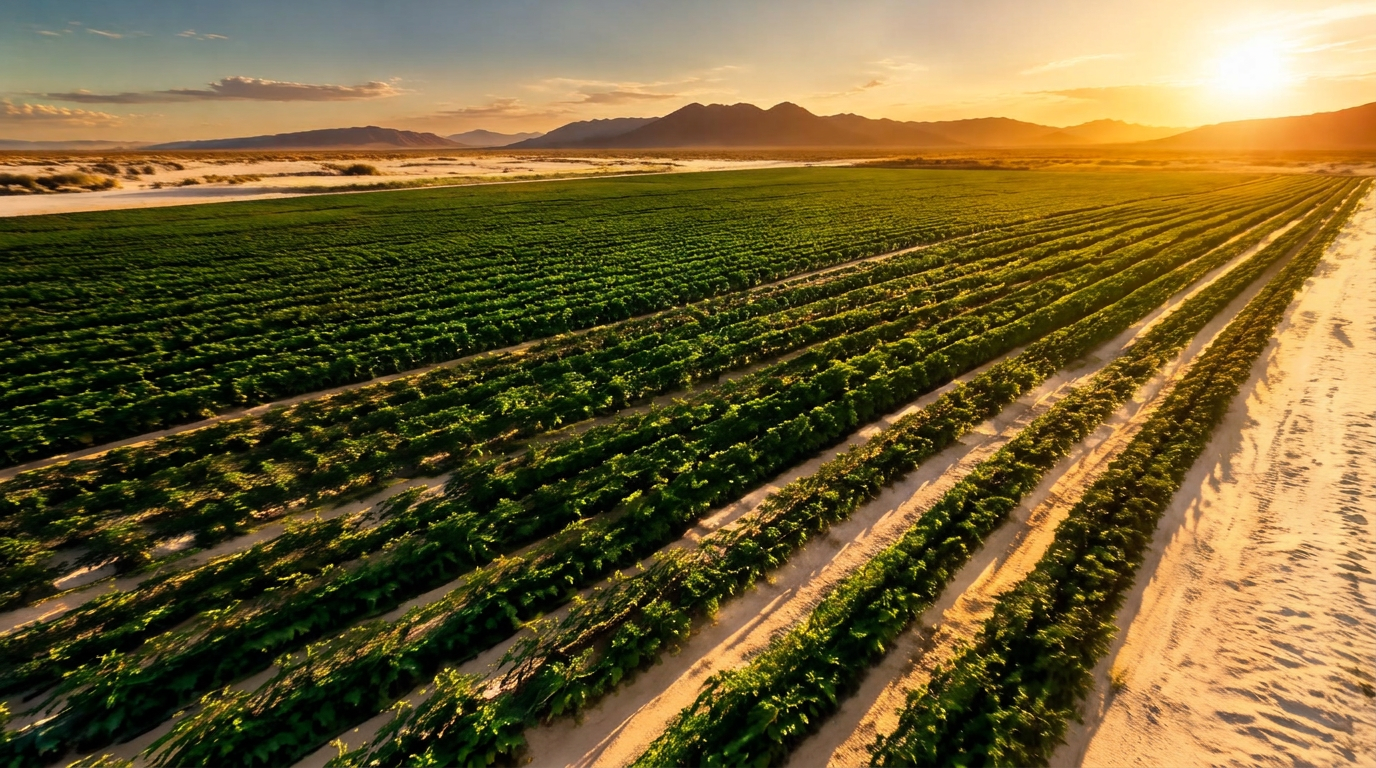 Green crop rows thriving on sandy desert soil